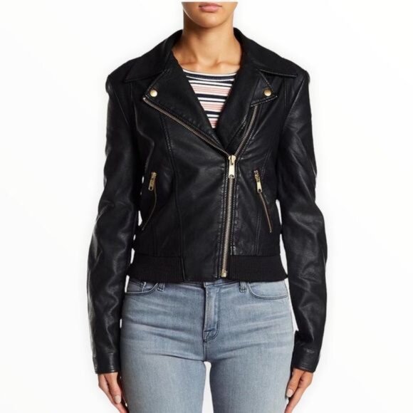 Free People Faux Leather Moto Jacket Zip Up Black - Picture 1 of 15